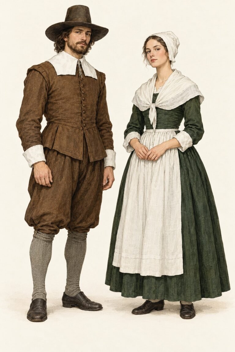 Illustration of a 1620s Pilgrim costume shown as a man and a woman side by side: he wears a brown doublet, knee breeches, wool stockings, a wide white collar and a plain felt hat with no buckle; she wears a deep green skirt, a fitted bodice, a white apron, a white kerchief over the shoulders and a white linen coif. Plain shoes, no buckles.