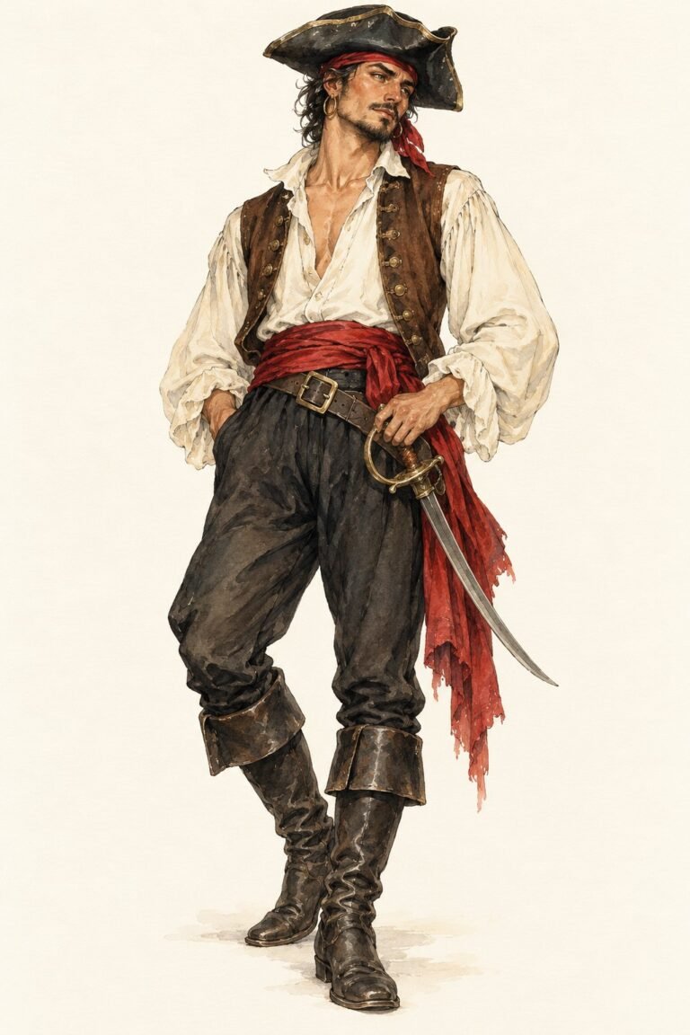 Illustration of a pirate costume: a man in a loose cream shirt with billowy sleeves, a brown vest, a red waist sash, dark breeches tucked into tall boots, a black tricorn hat over a bandana, a cutlass at his hip, a gold hoop earring.