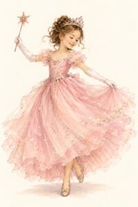 Illustration of a princess costume: a young girl in a pastel pink ball gown with a full tulle skirt, a sparkling tiara, long gloves, holding a star wand, twirling.