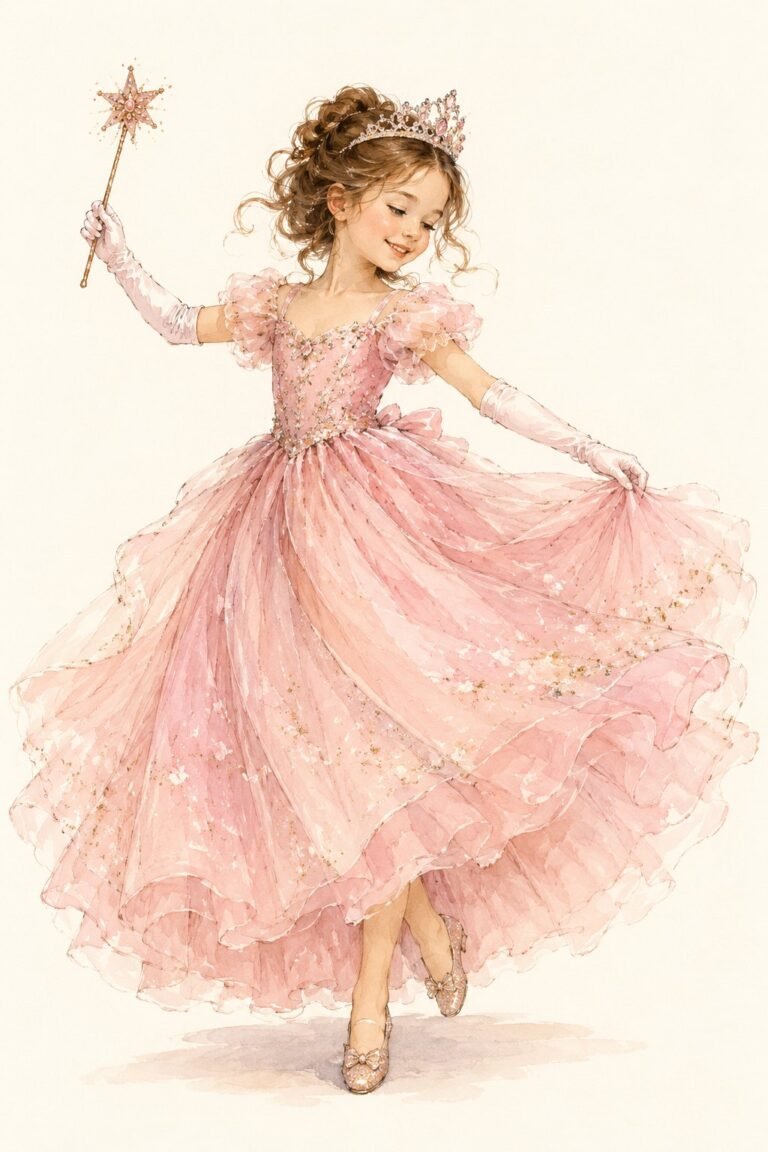 Illustration of a princess costume: a young girl in a pastel pink ball gown with a full tulle skirt, a sparkling tiara, long gloves, holding a star wand, twirling.