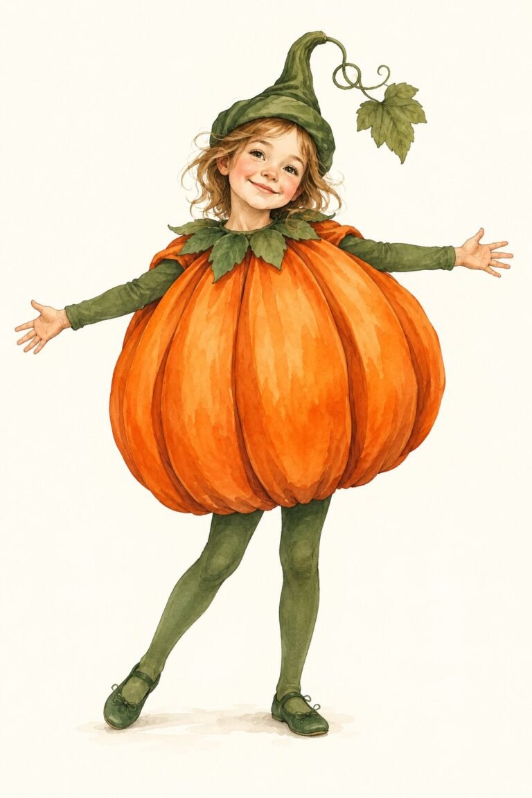 Illustration of a child in a round, puffy orange pumpkin costume with darker orange vertical ridges, a green stem hat with a curly vine and a leaf, green leggings, smiling, arms out wide.