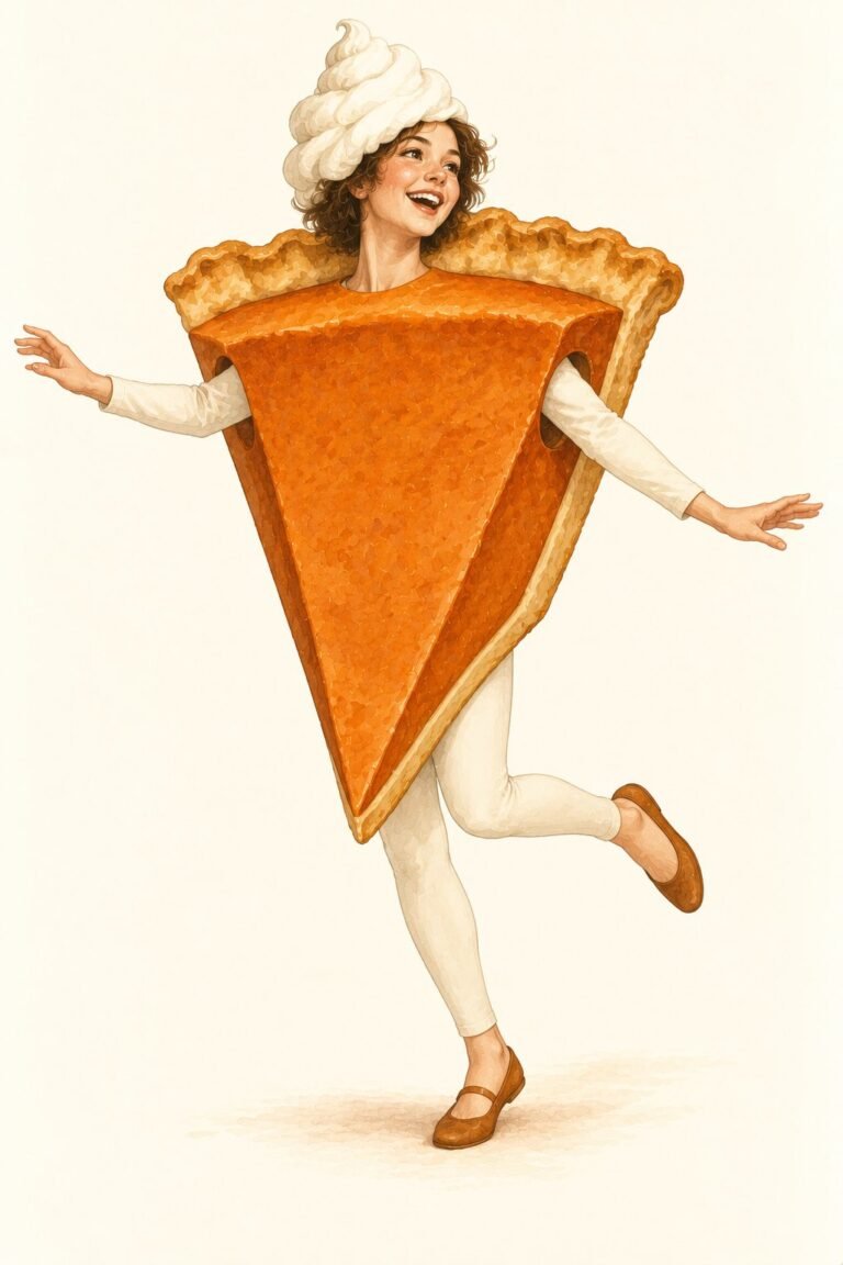 Illustration of a funny pumpkin pie slice costume: a person wearing a large triangular pie-slice sandwich board, orange filling with a golden flaky crust along the wide end, and a puffy white whipped-cream dollop hat, cream leggings, a cheerful pose.