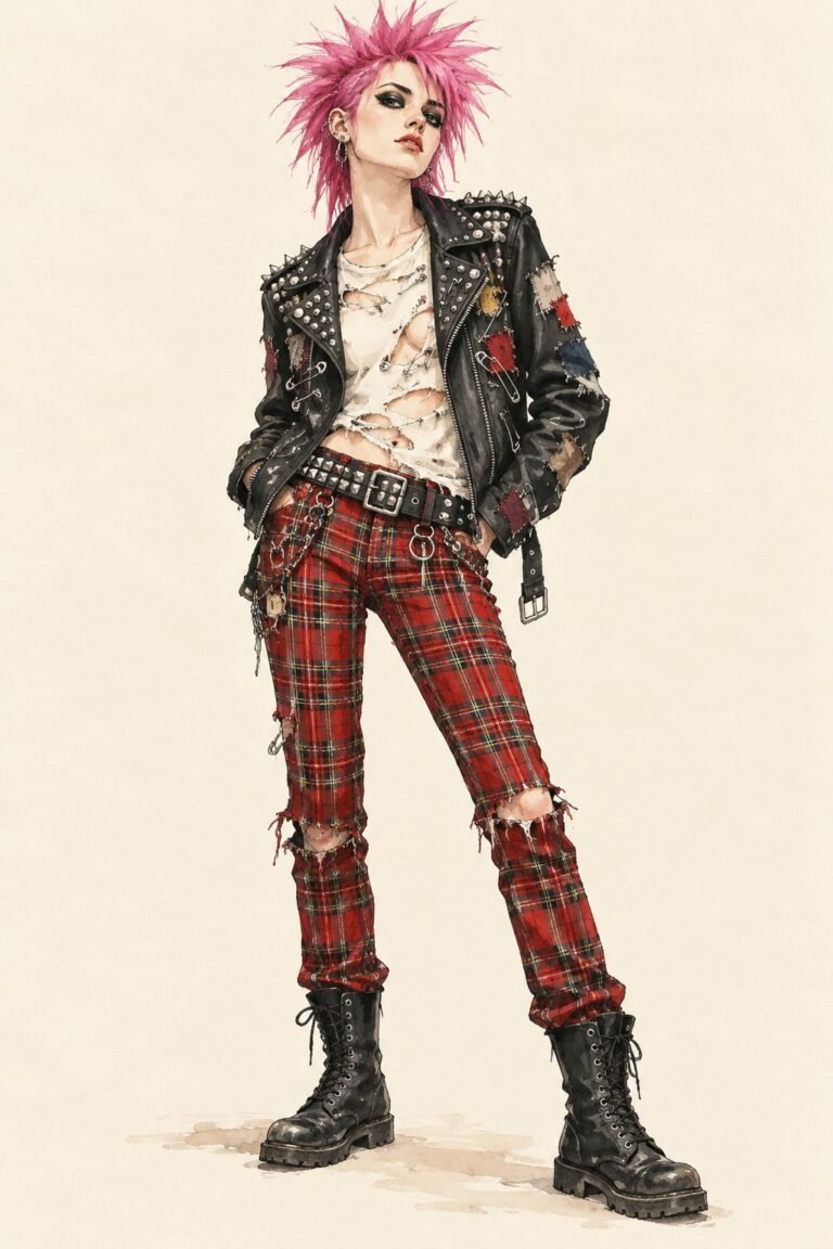Illustration of a 1970s punk costume: a young woman with spiked bright pink hair, heavy black eyeliner, a black leather jacket covered in patches, studs and safety pins, a ripped white T-shirt pinned with safety pins, red tartan plaid trousers, a studded belt, black combat boots, a defiant stance.