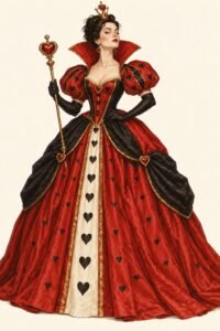 Illustration of an original Queen of Hearts costume from Alice in Wonderland: a regal woman in a full-skirted red and black gown with a pattern of small black hearts, a tall stiff red stand-up collar framing the back of her head, a small gold crown topped with a heart, holding a gold scepter with a red heart on top, a haughty expression.