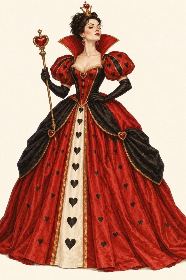 Illustration of an original Queen of Hearts costume from Alice in Wonderland: a regal woman in a full-skirted red and black gown with a pattern of small black hearts, a tall stiff red stand-up collar framing the back of her head, a small gold crown topped with a heart, holding a gold scepter with a red heart on top, a haughty expression.