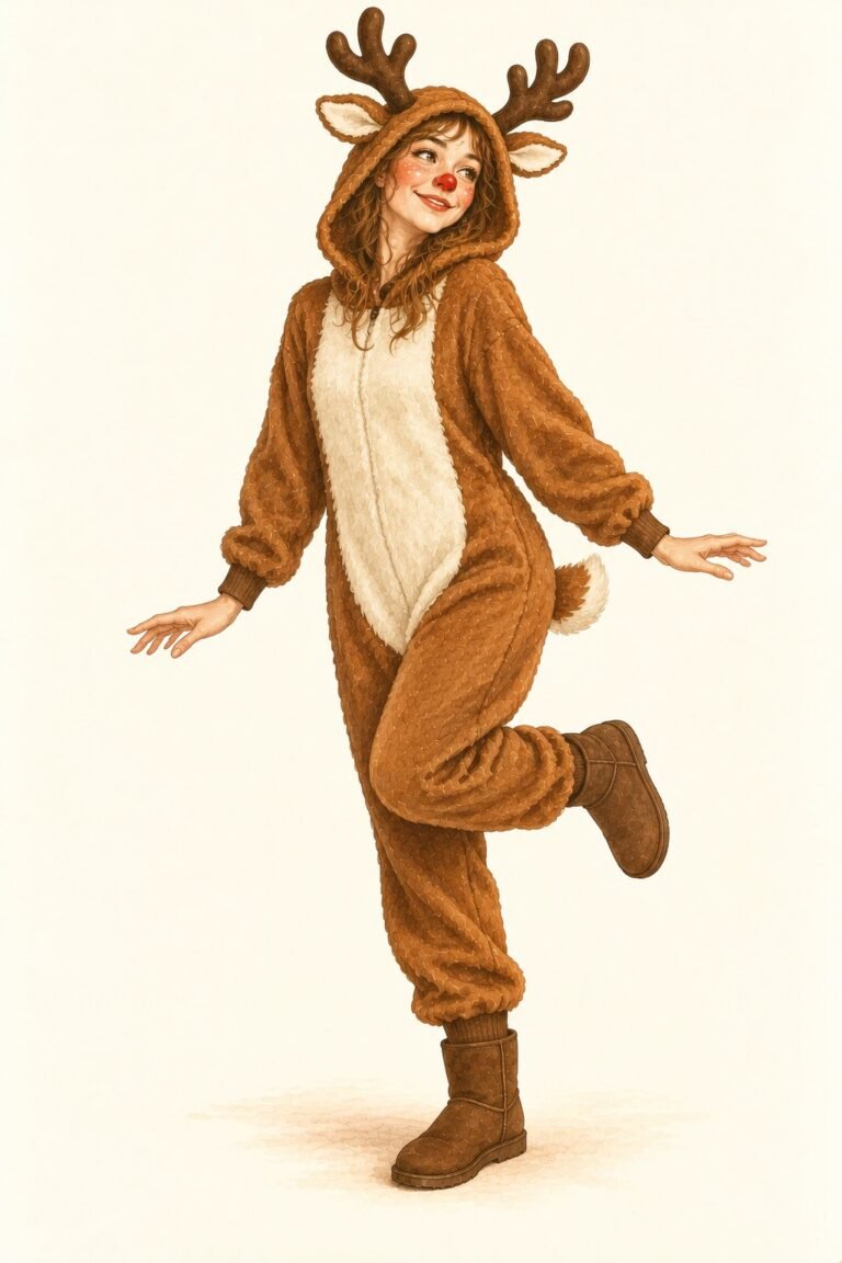 Illustration of a cozy reindeer costume: a person in a brown fleece hooded onesie with a cream chest patch, soft plush brown antlers and small ears on the hood, a short tail, a painted red nose and freckle spots on the cheeks, brown boots.