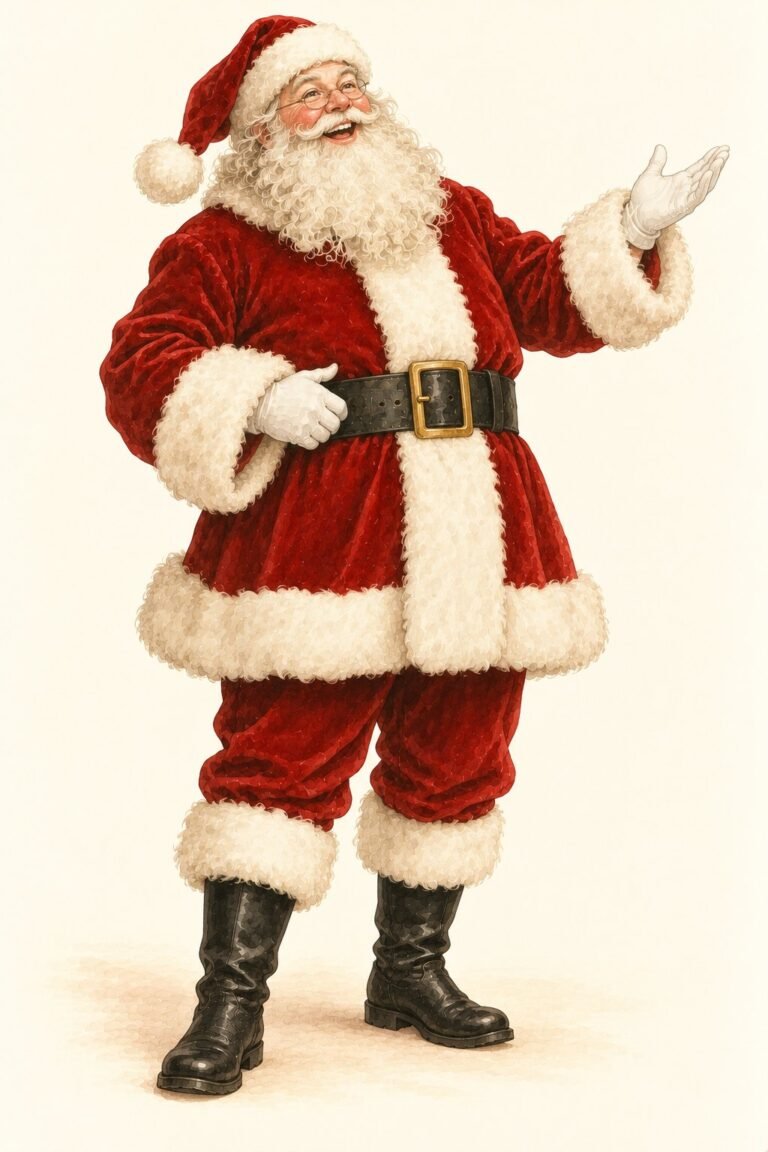 Illustration of a classic Santa Claus costume: a jolly man in a plush red velvet suit with thick white fur trim, a wide black belt with a gold buckle, black boots, a full soft white beard and mustache, a red hat with a white pom-pom, round wire glasses, white gloves, rosy cheeks.