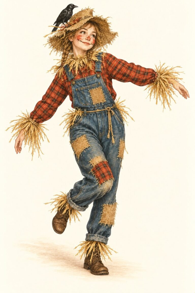 Illustration of a scarecrow costume: a person in a red plaid flannel shirt and patched denim overalls with burlap patches, straw sticking out of the cuffs, collar and pockets, a floppy straw hat with a small black crow on the brim, rosy painted cheeks and a stitched smile.