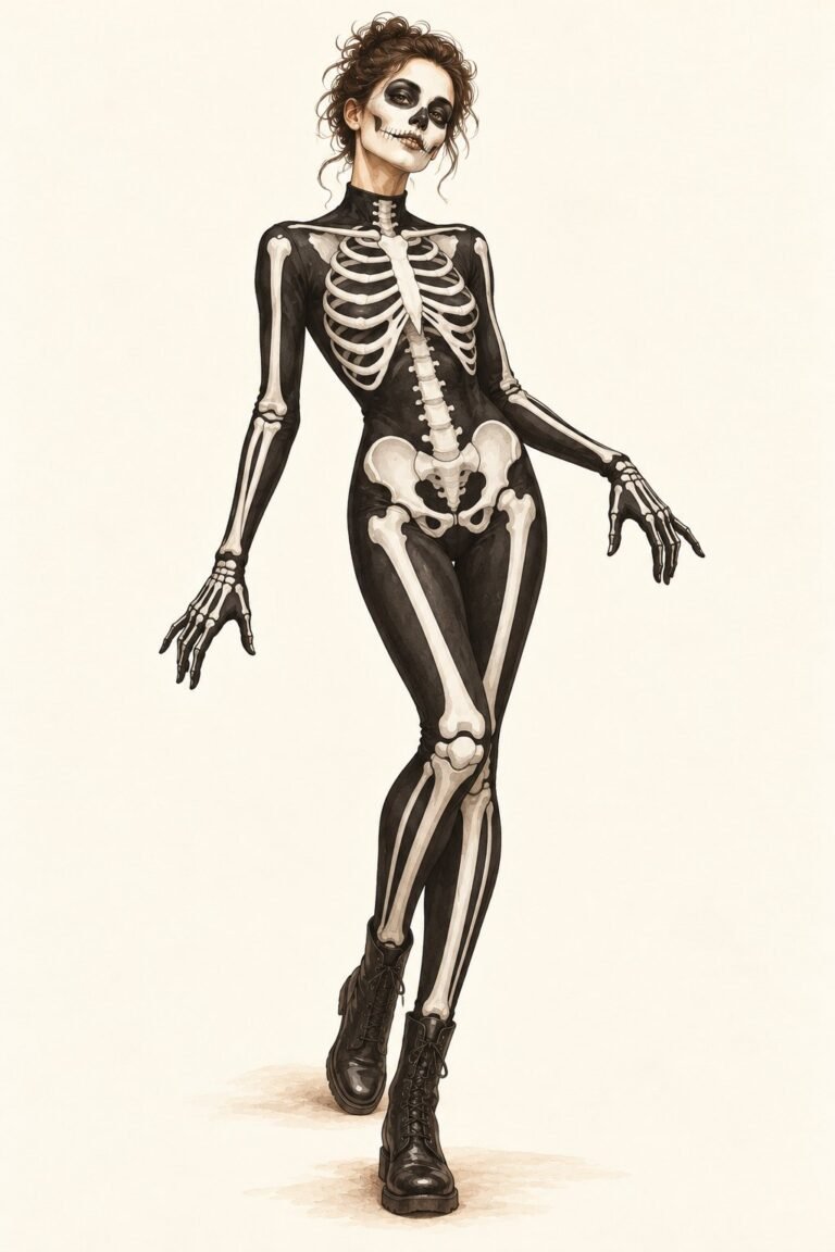 Illustration of a skeleton costume: a person in a black bodysuit printed with anatomically placed white bones, skull face paint with black eye sockets and drawn teeth, black gloves printed with hand bones.