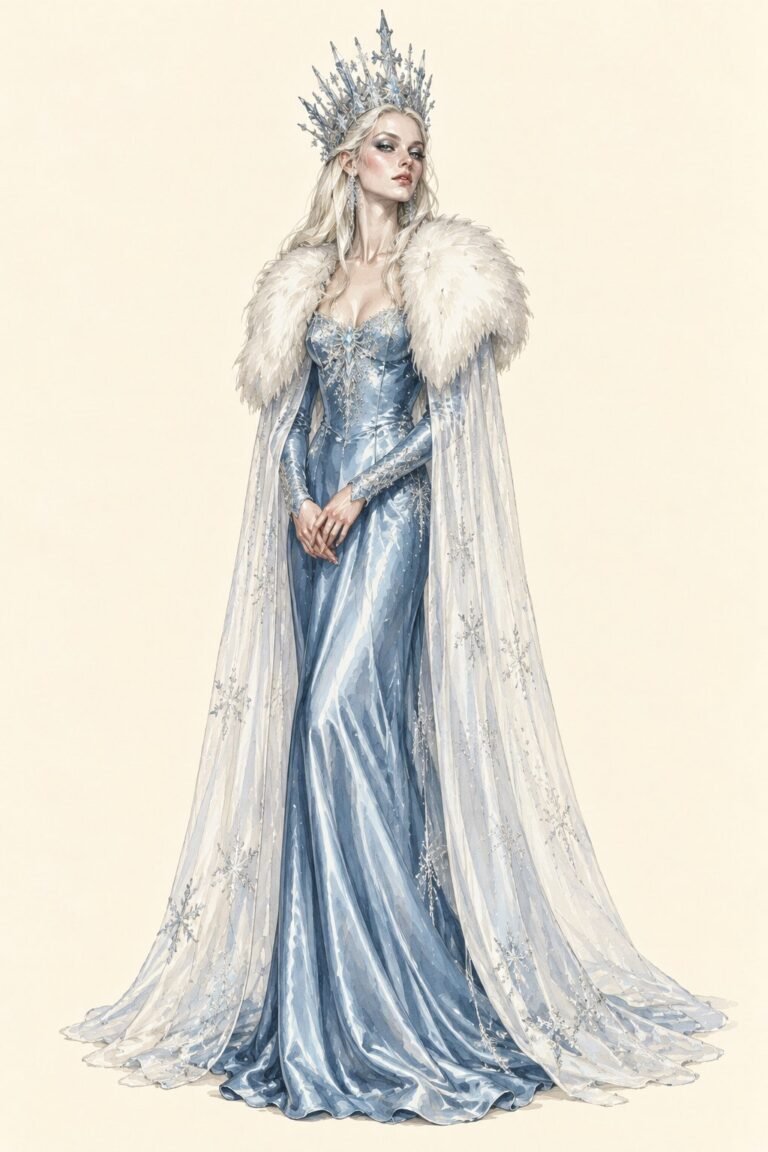 Illustration of an original Snow Queen costume from the Hans Christian Andersen fairy tale: a regal woman with sleek loose platinum hair in a long shimmering ice-blue satin gown, a sheer white floor-length cape, a white faux fur stole at the shoulders, a tall spiky silver crown of ice crystals and snowflakes, icy silver eye makeup, a cool stare.
