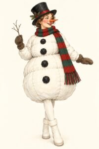 Illustration of a snowman costume: a cheerful person in a puffy round white outfit with three black coal buttons, a red and green striped scarf, a black top hat, an orange carrot nose and brown mittens.