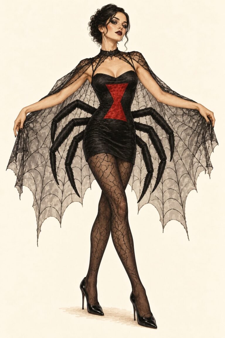 Illustration of a black widow spider costume: a woman in a fitted black dress with a red hourglass shape on the front, three pairs of extra stuffed black spider legs attached at her sides, black spiderweb-pattern tights, a sheer black web-pattern cape, dark plum lips, slicked-back dark hair.