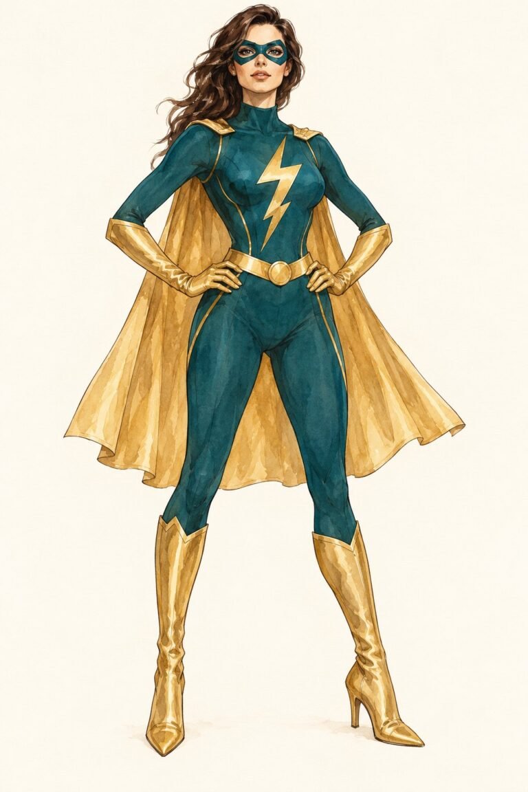 Illustration of an original superhero costume: a person in a deep teal bodysuit with gold boots, gold gloves and a gold belt, a knee-length gold cape, a simple teal eye mask, and a gold lightning-bolt emblem on the chest, hands on hips.