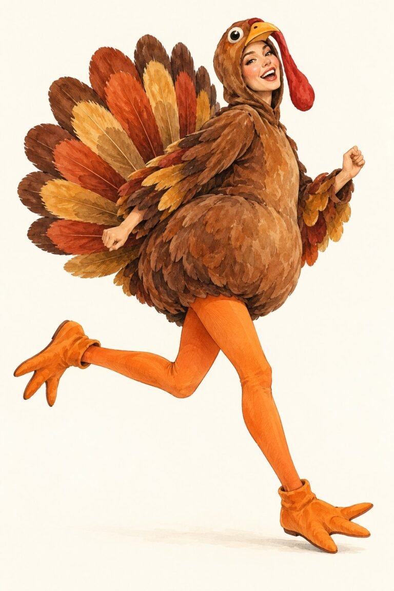 Illustration of a person in a funny plush turkey costume: a plump brown body, a big upright fan of tail feathers in brown, rust, orange and gold, a hood with a beak and a wobbly red wattle, orange leggings and orange turkey-foot shoe covers, cheerful running pose.