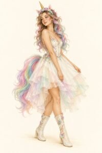 Illustration of a unicorn costume: a young woman in a white tulle dress with pastel pink, lavender and mint accents, a gold spiral horn with small white ears on a headband, a long pastel rainbow mane and matching tail, a little shimmer on the cheeks.
