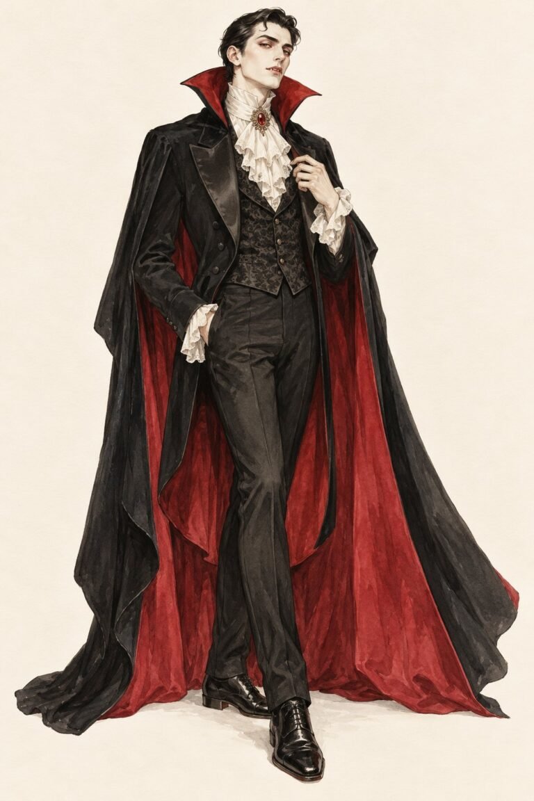 Illustration of a classic vampire costume: a man in a black tailcoat and dark vest, white ruffled high-collar shirt, a black cape with red lining and a tall stiff stand-up collar, a medallion at the throat, slicked-back hair, pale skin, small fangs.