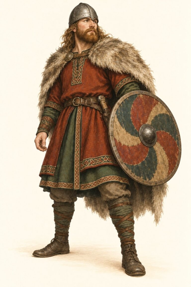 Illustration of a Viking costume: a bearded man in a long belted wool tunic in rust and dark green with woven trim, a faux-fur cape over the shoulders, leg wraps, leather boots, a round painted wooden shield, a plain rounded iron helmet with no horns.