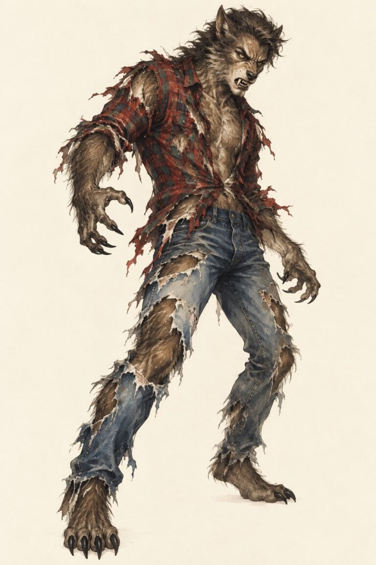 Illustration of a werewolf costume shown mid-transformation: a man in a shredded plaid flannel shirt and torn jeans, fur bursting through the rips, furry clawed hands, a wolf-like face with fangs.