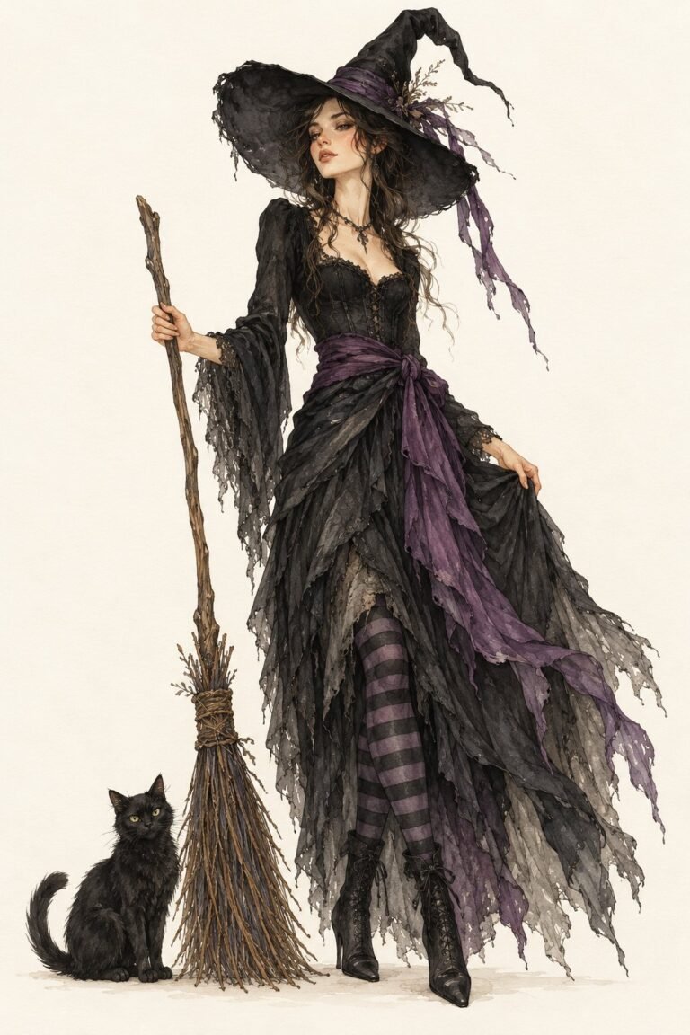 Illustration of a witch costume: a woman in a long layered black dress with a tattered hem and a deep purple sash, striped tights, a tall pointed wide-brimmed black hat, holding a broom, a small black cat at her feet.