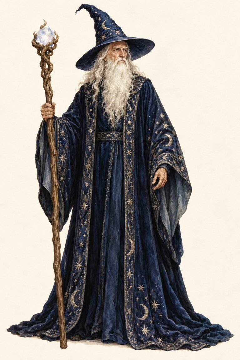 Illustration of a classic storybook wizard costume: an old man with a long flowing white beard to mid-chest, a floor-length midnight-blue robe with wide sleeves embroidered with small silver stars and crescent moons, a tall pointed blue hat with a wide brim, holding a tall gnarled wooden staff with a glowing crystal at the top.