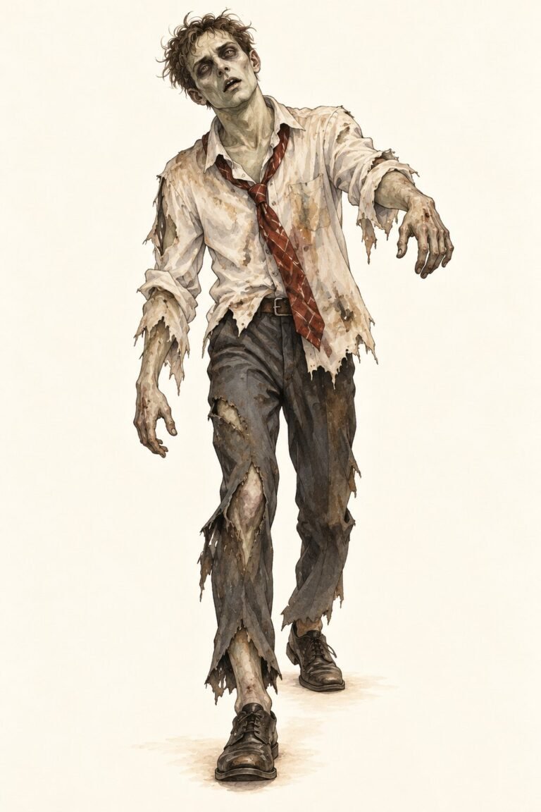 Illustration of a zombie office worker costume: torn dress shirt and loosened tie, ripped slacks, gray-green skin, dark sunken eyes, a stiff lurching pose, dirt-smudged clothes.